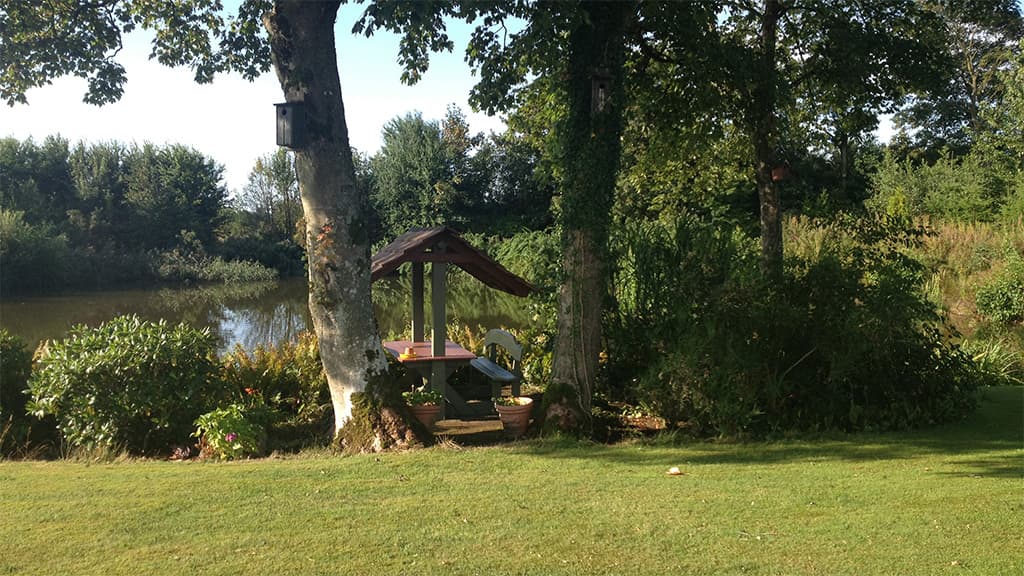 Havebord mellem to træer ved Bække bed and breakfast