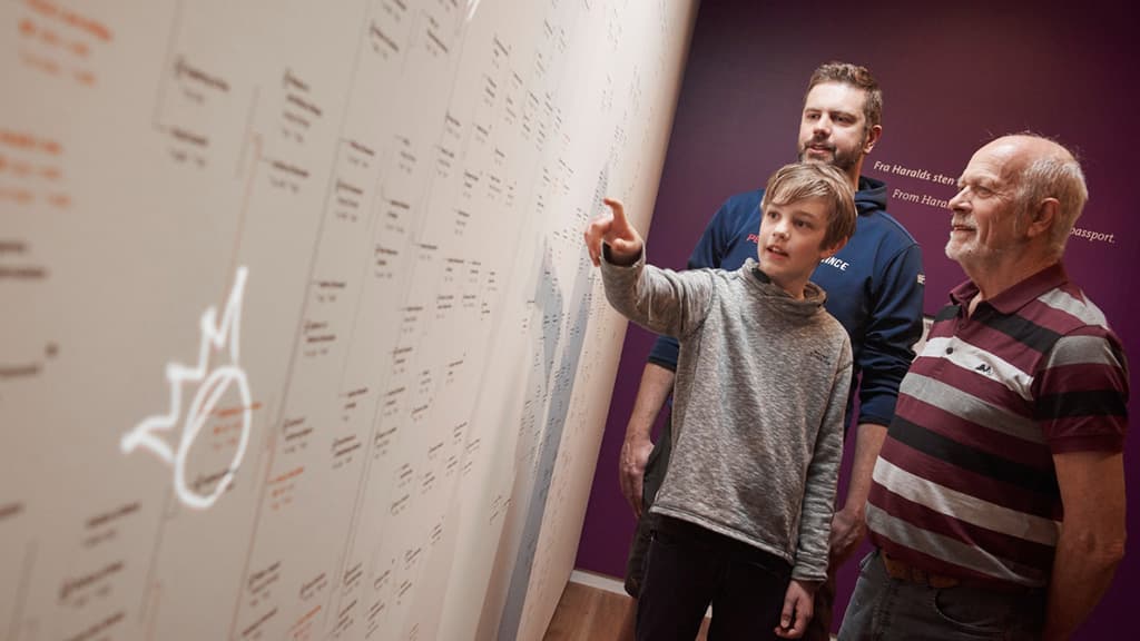 Far, farfar og søn kigger på oversigt med Danmarks kongerække