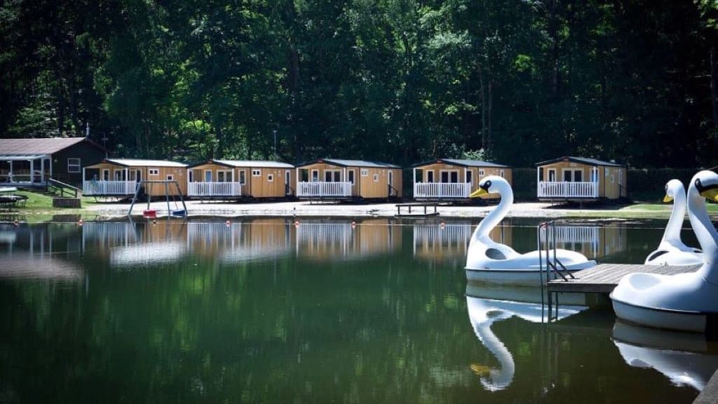 Mobilehomes og svane vandcykler på Randbøldal Camping